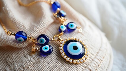 Fototapeta premium Close up of a Stylish Evil Eye Charm Necklace with Gold Chain and Blue Beads on Cream Fabric Amulet for Protection
