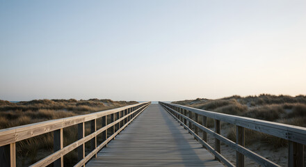 Fototapeta premium Coastal Pathway: A scenic view of a wooden boardwalk stretching towards the horizon under a clear, inviting sky, evoking feelings of peace and an invitation to explore.