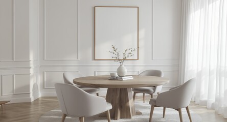 Fototapeta premium Modern Minimalist Dining Room Decor Round Table, Neutral Tones, Wall Art Mockup