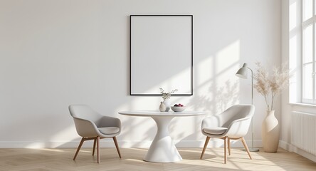 Modern Minimalist Dining Room Design Mockup with Empty Frame Stylish Chairs
