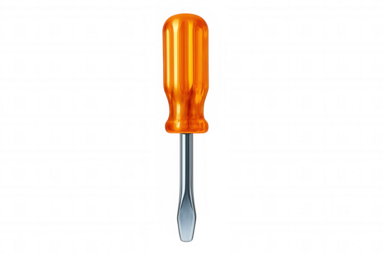 Close-up of an orange and silver screwdriver isolated on a transparent background, perfect for diy or maintenance projects