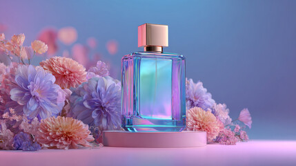 Beautiful perfume bottle surrounded by colorful pastel flowers creates serene and elegant atmosphere, evoking feelings of freshness and beauty