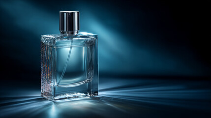 Glass bottle of perfume with sleek design sits elegantly on surface, illuminated by soft blue light, creating serene atmosphere