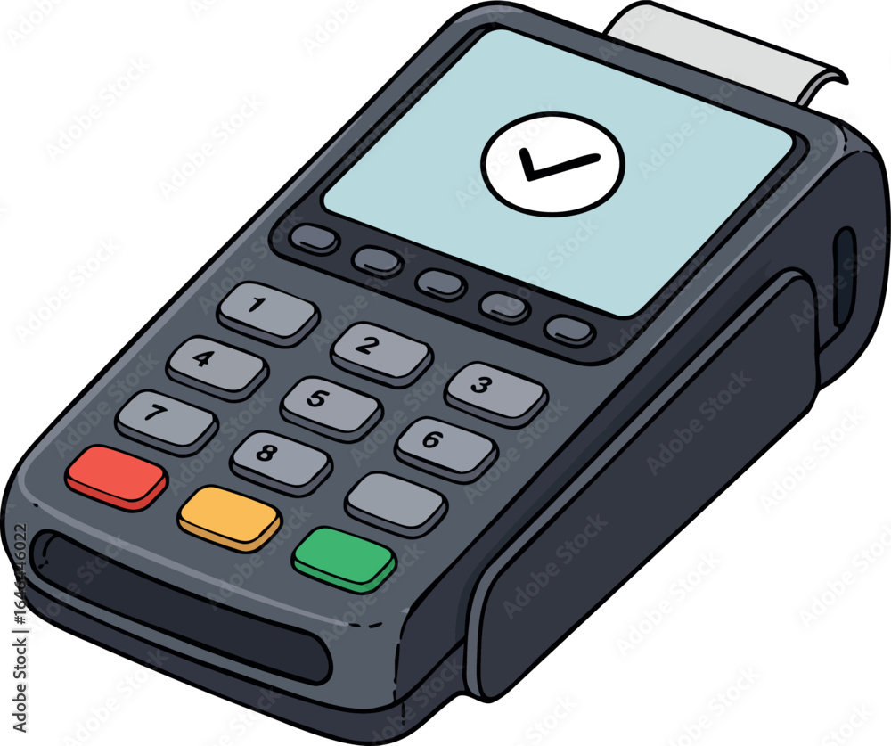 Poster payment terminal with receipt printer and colorful buttons vector illustration