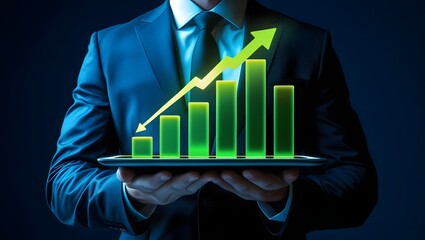Businessman holding tablet with glowing green holographic chart and upward arrows.