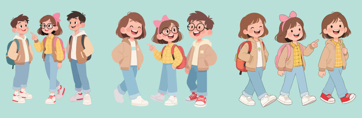 Happy Students Walking and Talking Cartoon Illustration