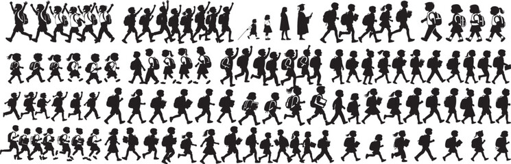 Diverse Silhouettes of Children Walking to School with Backpacks