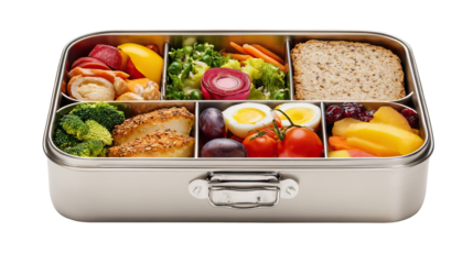 Lunchbox Open with Delicious Balanced Meal for Schoolchildren on Transparent Background
