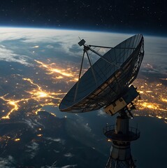 A realistic, high-quality 3D render of a large satellite dish, set against the backdrop of a glowing Earth at night, as seen from space. The stars and city lights on the planet below are visible, 