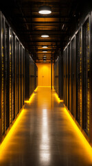 Dark and modern data center corridor illuminated by yellow lights, showcasing rows of server racks and sleek, high tech atmosphere