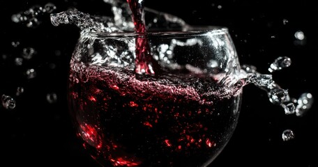 Red wine poured into a glass, creating splashes