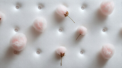 Soft pink cotton flowers on textured white background create delicate and serene atmosphere, perfect for calming decor