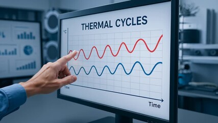 Thermal cycles graph computer screen with hand pointing data lines illustrating heat transfer and exchanger performance industry process analysis - Powered by Adobe