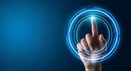 Human finger touching futuristic glowing blue digital interface circle