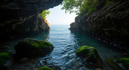 Hidden Passage: A mesmerizing scene unfolds as the entrance to a secluded sea cave frames the tranquil ocean, inviting exploration and adventure.
