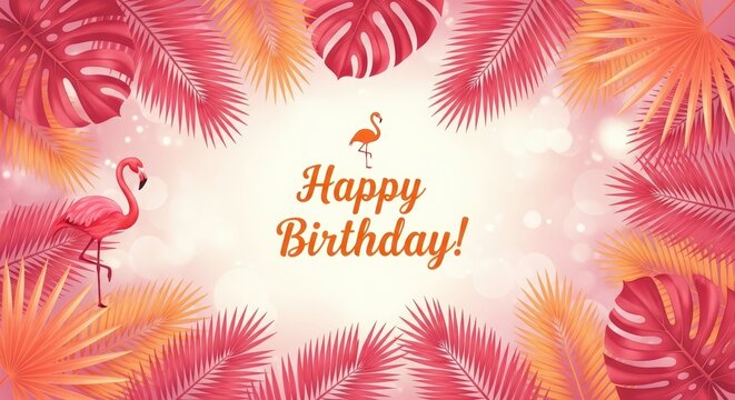 Colorful Tropical Flamingo Birthday Card with Pink and Orange Leaves