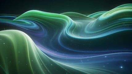 Abstract flowing waves with shades of green and blue and small white particles scattered across the surface