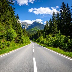 Fototapeta premium Winding road through a lush forest, leading to mountains