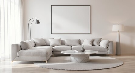 Modern Minimalist Living Room Design Large Sofa, Marble Coffee Table Blank Canvas
