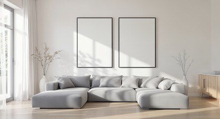 Modern Minimalist Living Room Design Mockup with Two Blank Frames Sectional Sofa