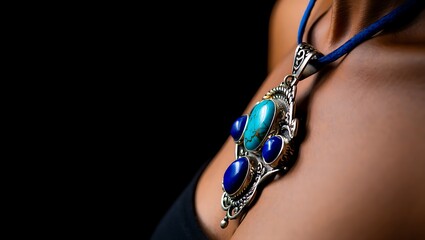 Elegant turquoise and lapis lazuli pendant on a womans neck against a dark background highlighting sophisticated fashion and exquisite jewelry design