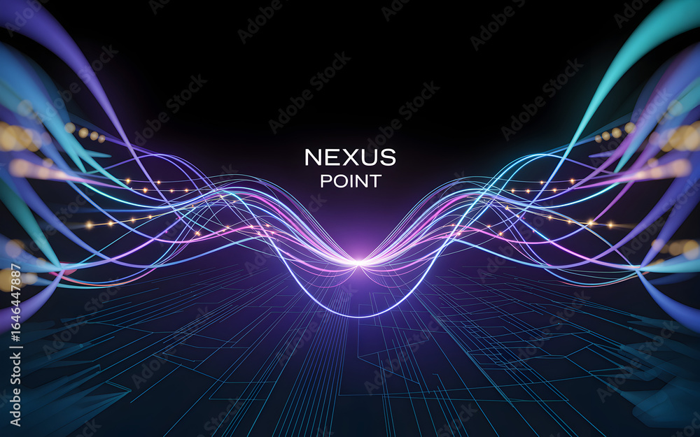 Poster abstract network background with glowing lines and nodes on a dark surface with nexus point text