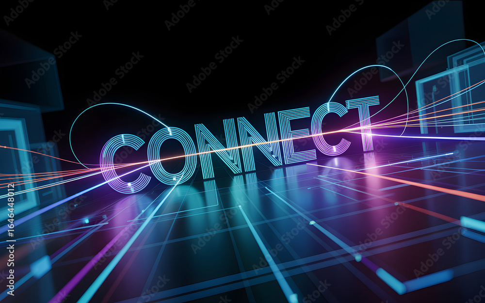 Poster The word connect in neon lights with lines and shapes on a grid background in a dark abstract scene