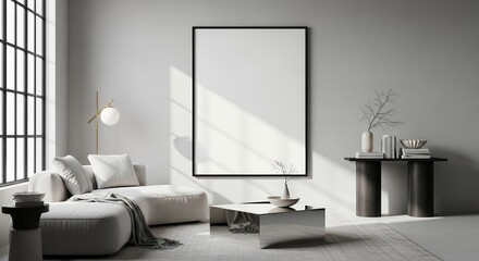 Modern Minimalist Living Room Design with Large Blank Canvas for Artwork or Advertisement