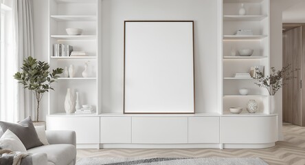Modern Minimalist Living Room Design with Large Blank Canvas for Art or TV
