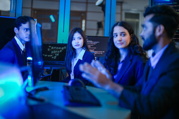 A diverse team of young AI engineers in a strategy meeting. Indian and East Asian colleagues discuss the next phase of development for a complex machine learning model in their lab.