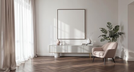 Fototapeta premium Modern Minimalist Living Room Interior Design Mockup with Blank Canvas Stylish Furniture