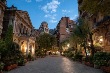 enchanting view of european capital city empty streets during evening hours where soft glow of street lamps