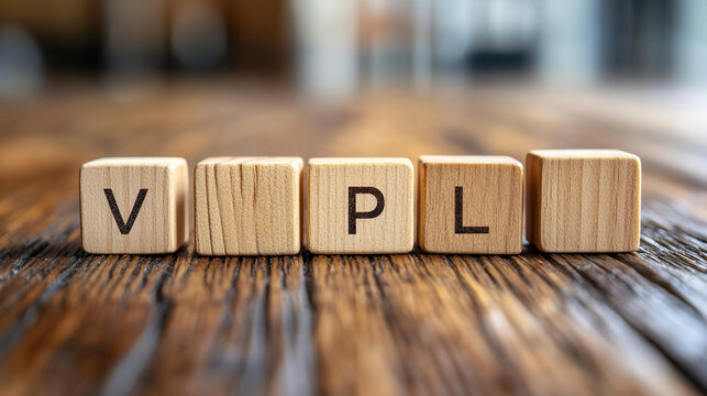 Wooden blocks spelling out the word VPL on a wooden surface