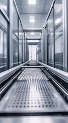 Fototapeta premium A long hallway with metal doors and a metal floor