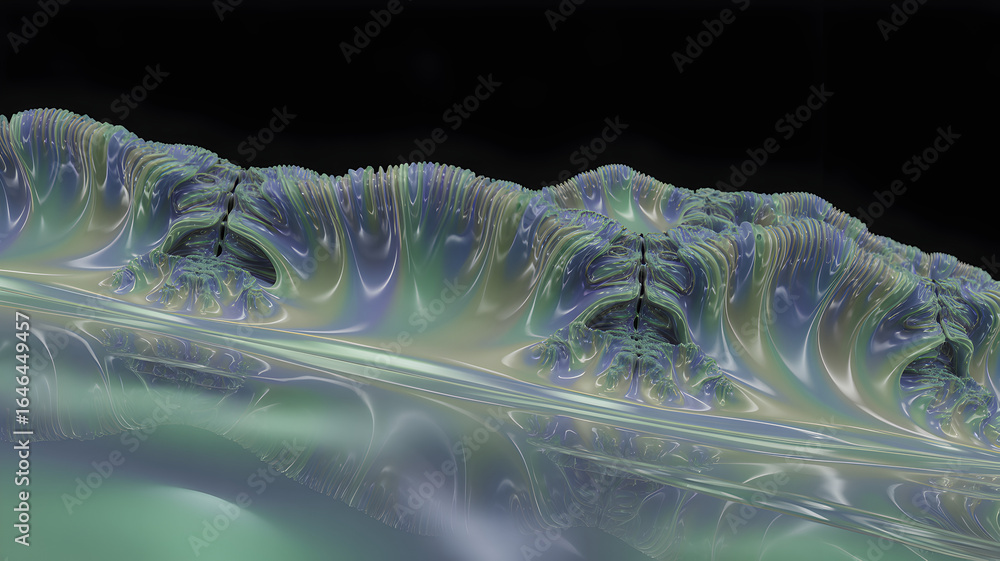 Poster abstract fractal landscape with iridescent texture and dark background in a digital rendering