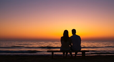 Obraz premium A couple sitting on a bench watching the sunset over the ocean with a colorful sky and gentle waves