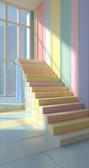 Obraz premium Pastel-colored stairs in a sunlit room. Sunlight streams through a large window, illuminating a colorful staircase made of blocky steps in pastel hues.