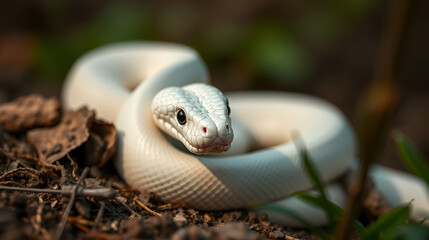Rule of thirds composition highlights the venomous albino snake, a dangerous wild reptile captured in stunning wildlife photography.