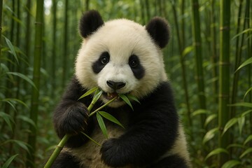 Naklejka premium Adorable panda cub eating bamboo in a lush bamboo forest.