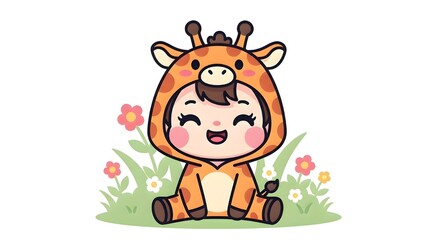 Fototapeta premium Cute baby in giraffe costume sitting with flowers