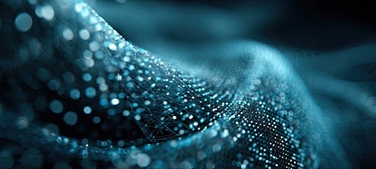 Abstract digital wave of interconnected points.  Deep teal network of glowing particles