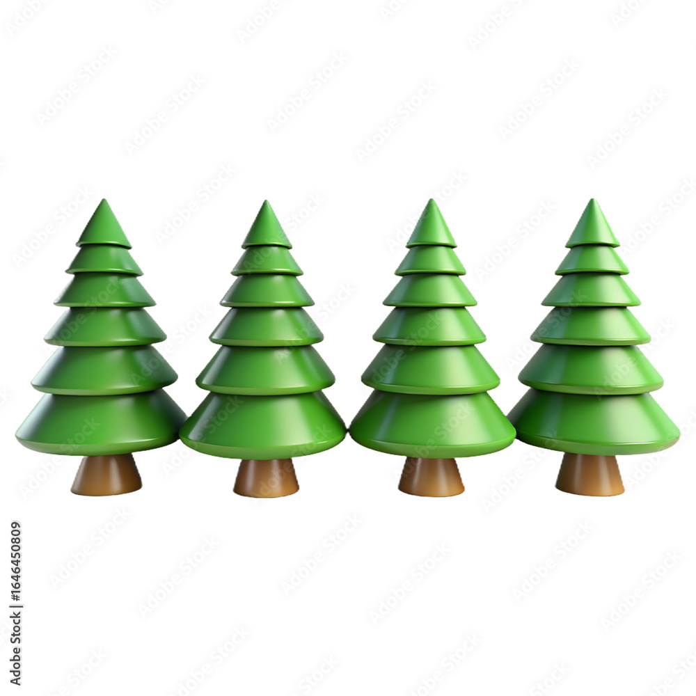 Poster charming 3d illustration of four stylized green trees with brown trunks arranged in a row on a trans