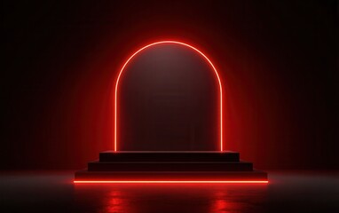 Red background, a red light strip in the shape of an arch on top of a square podium, glowing neon lights, dark background, high-resolution, professional photograph, super-accurate.