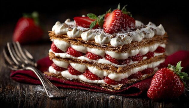 MILLE-FEUILLE AUX FRAISES, GROS PLAN &Agrave; 45 DEGR&Eacute;S