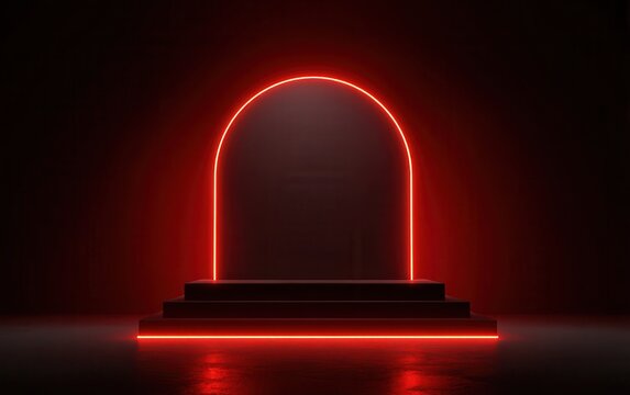 Red background, a red light strip in the shape of an arch on top of a square podium, glowing neon lights, dark background, high-resolution, professional photograph, super-accurate.