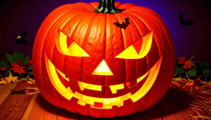 Fototapeta premium Lit Jack O'Lantern on Wooden Surface