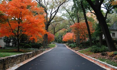 Autumnal residential street lined with vibrant trees