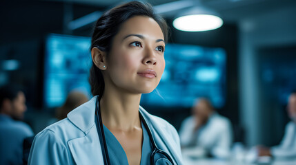 Fototapeta premium Asian Female Surgeon Leads Medical Team Consultation in Hospital Conference Room, Bright Clinical Lighting, Medium Shot, 4K