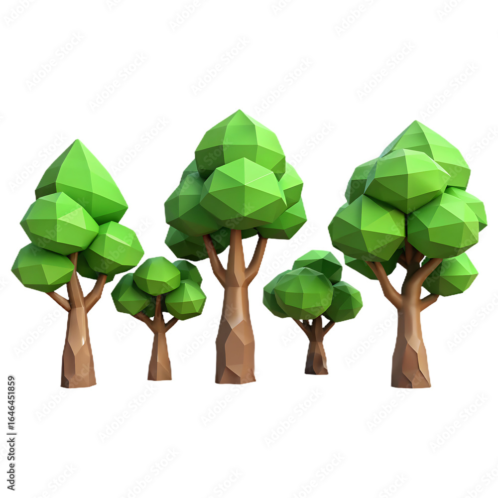 Fototapete Low Poly Forest Scene with Various Trees and Foliage in a Stylized 3D Rendering on a Transparent Background for Game Development and Design