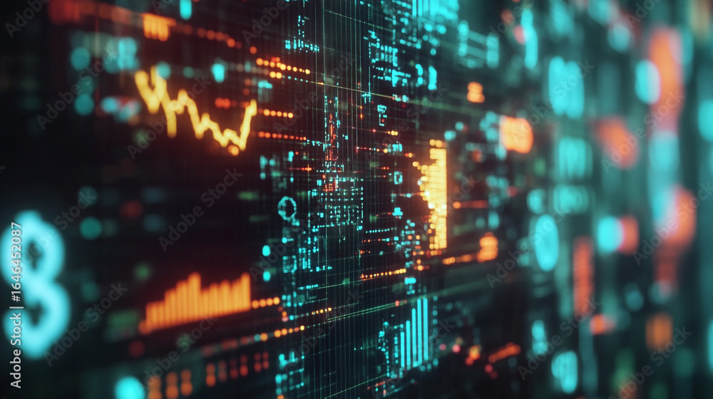 Poster abstract digital data visualization glowing lines graphs and numbers